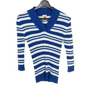 Vintage Y2K Blue White Stripe Ribbed V Neck Top Medium